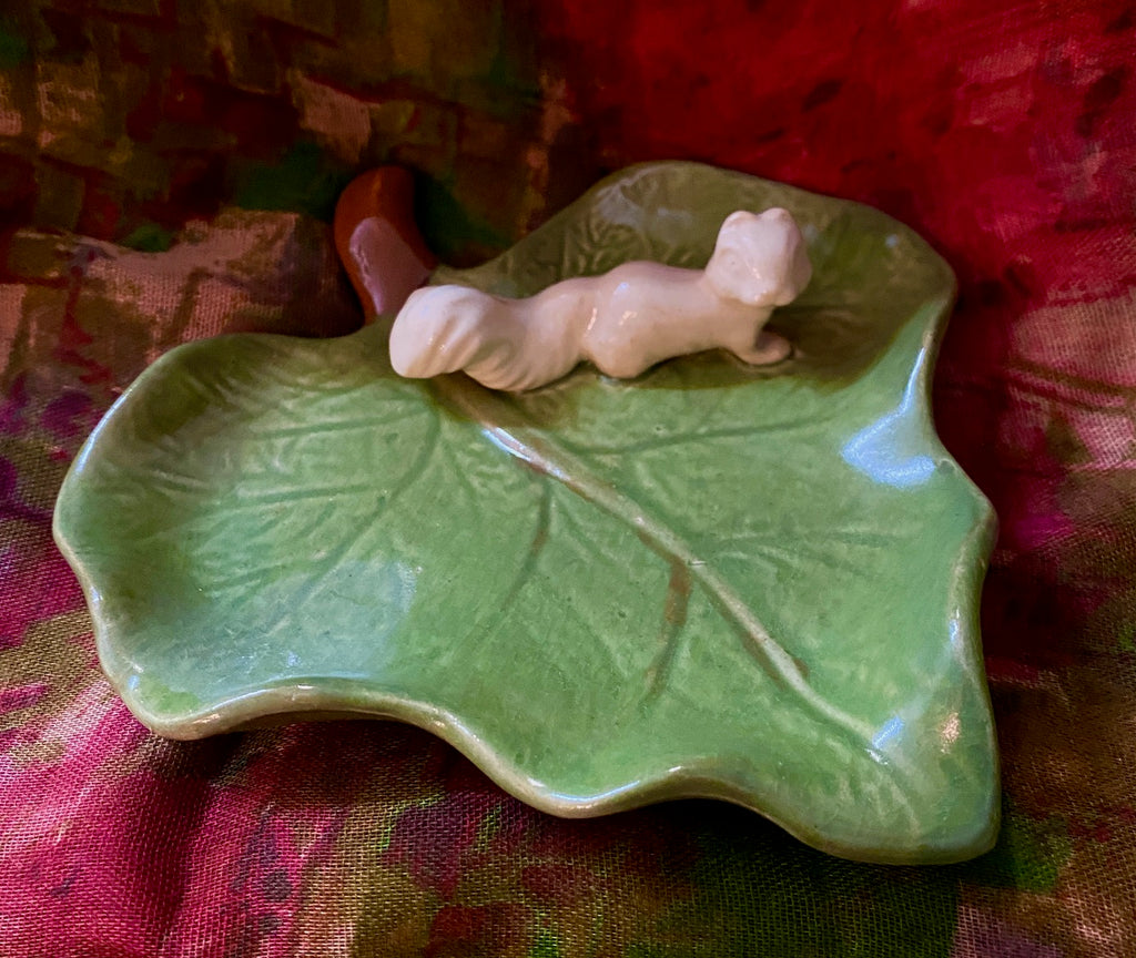 Ceramic Leaf Dish with a White Squirrel