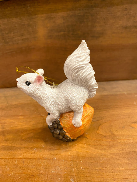 Ornament - Resin - White Squirrel Perched on a Pinecone or Acorn