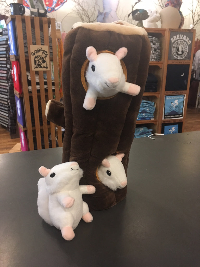 Stuffed Dog Toy - Log with three white squirrels #