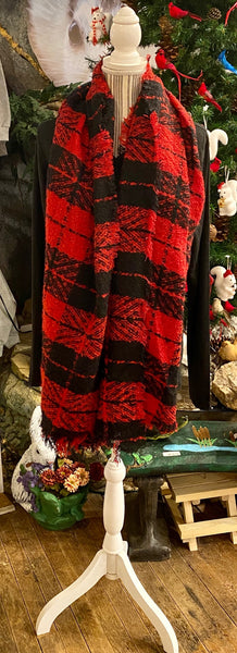Clothing Accessory - Long Red/Black Brushed Bias Cut Scarf with Fringe Accent