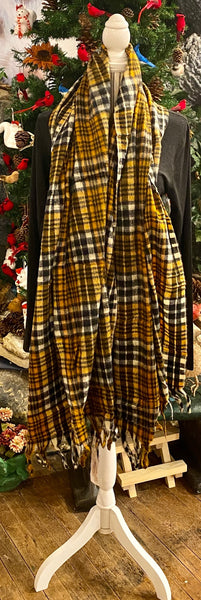 Clothing Accessory - Long Mustard Plaid Scarf with Fringe Accent