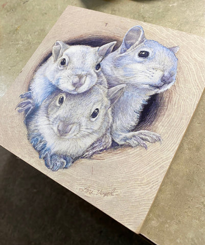 Art Print - Three White Squirrels on a Wood Square Art Print by Lori Vogel.
