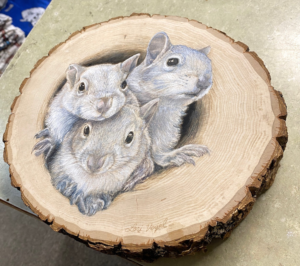 Original Painting - White Squirrels on a Log Slice Lori Vogel