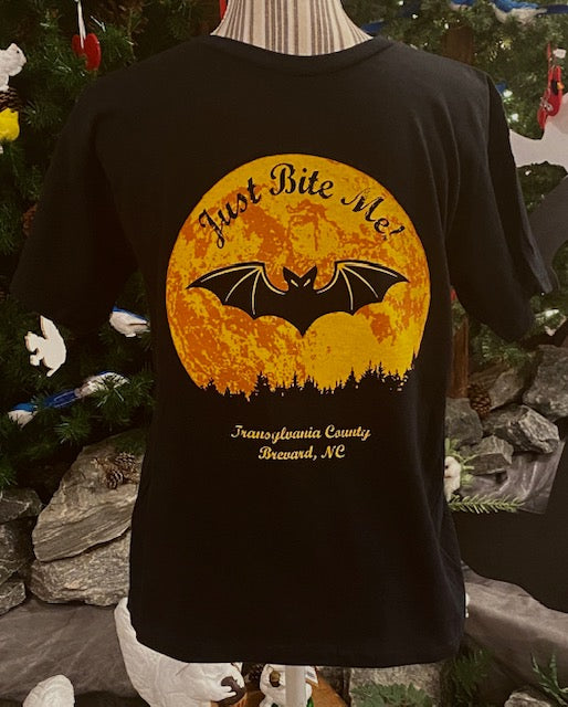 T-shirt - For Youth - Short Sleeve Black Moon/Bat Crew Neck with "Just Bite Me.....Transylvania County, NC"