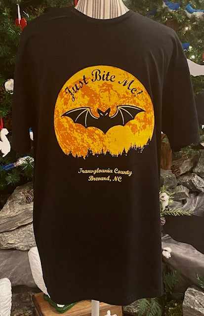 T-shirt - For Adults - Short Sleeve Black Moon/Bat Crew Neck with "Just Bite Me.....Transylvania County, NC"