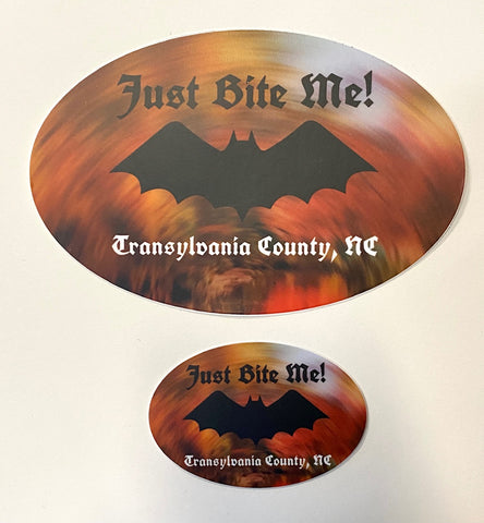 Decal/Sticker - Bat with Just Bite Me, Transylvania County - Cosmic Oval - 2 Sizes