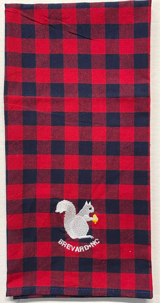 Tea Towel - Buffalo Check 100% Cotton Tea Towel with Embroidered White Squirrel Design