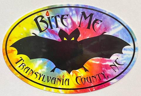 Decal/Sticker - Bat with Bite Me, Transylvania County, NC - Large Tie-Dye Oval