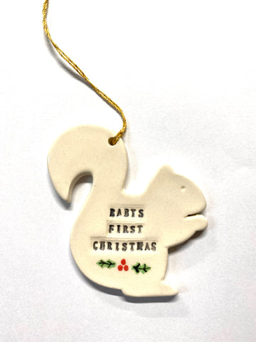 Ornament - "Baby's First Christmas" White Squirrel Clay Ornament