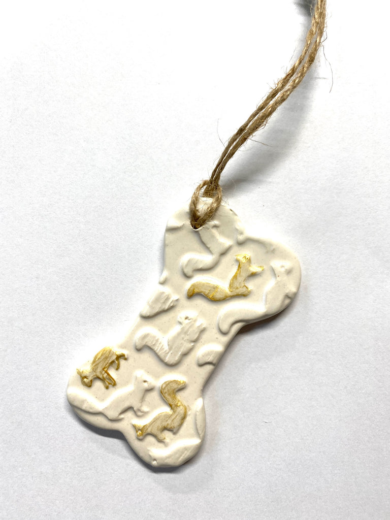 Ornament - Dog Bone White Squirrel Clay Ornament with  Squirrel Motif