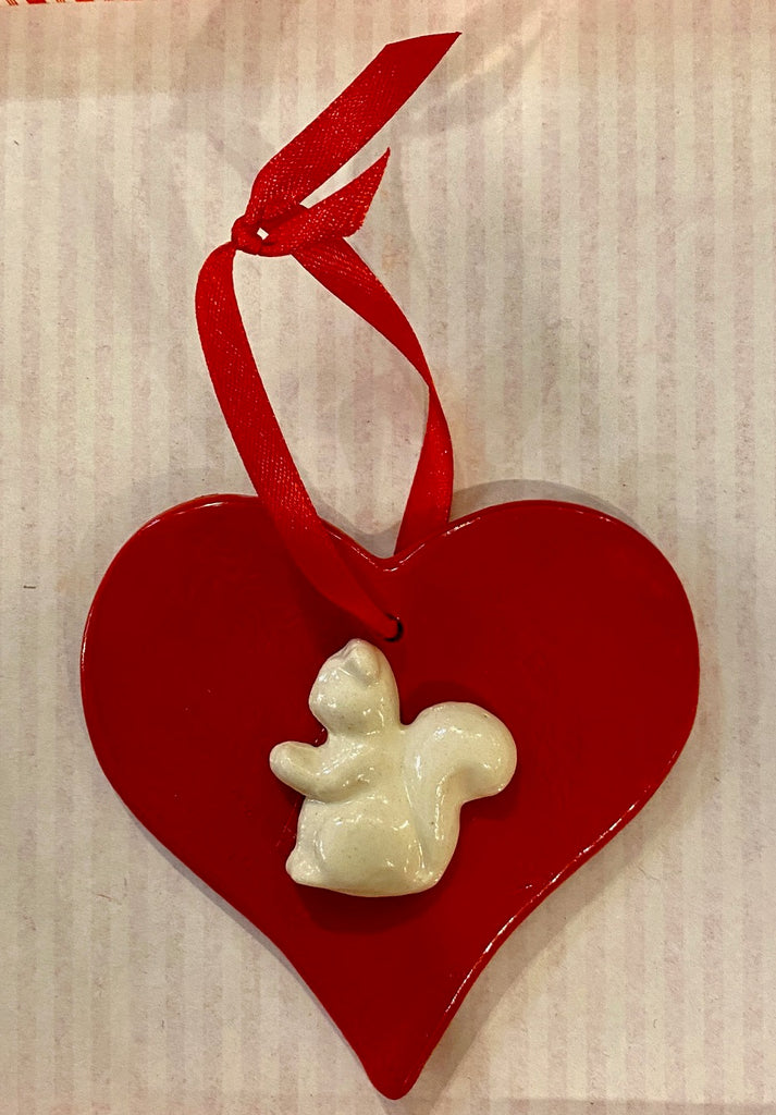 Ornament - Ceramic Red Heart with White Squirrel 4" x 4"