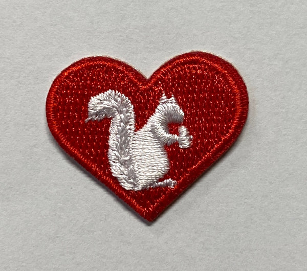 Embroidered Heart Patch - 1-1/4" Embroidered Heart with White Squirrel Design