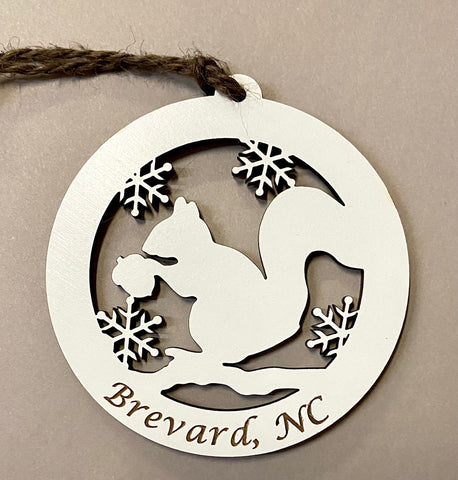 Ornament - Laser Cut Wood - White Squirrel with Snow Flakes & Brevard, NC