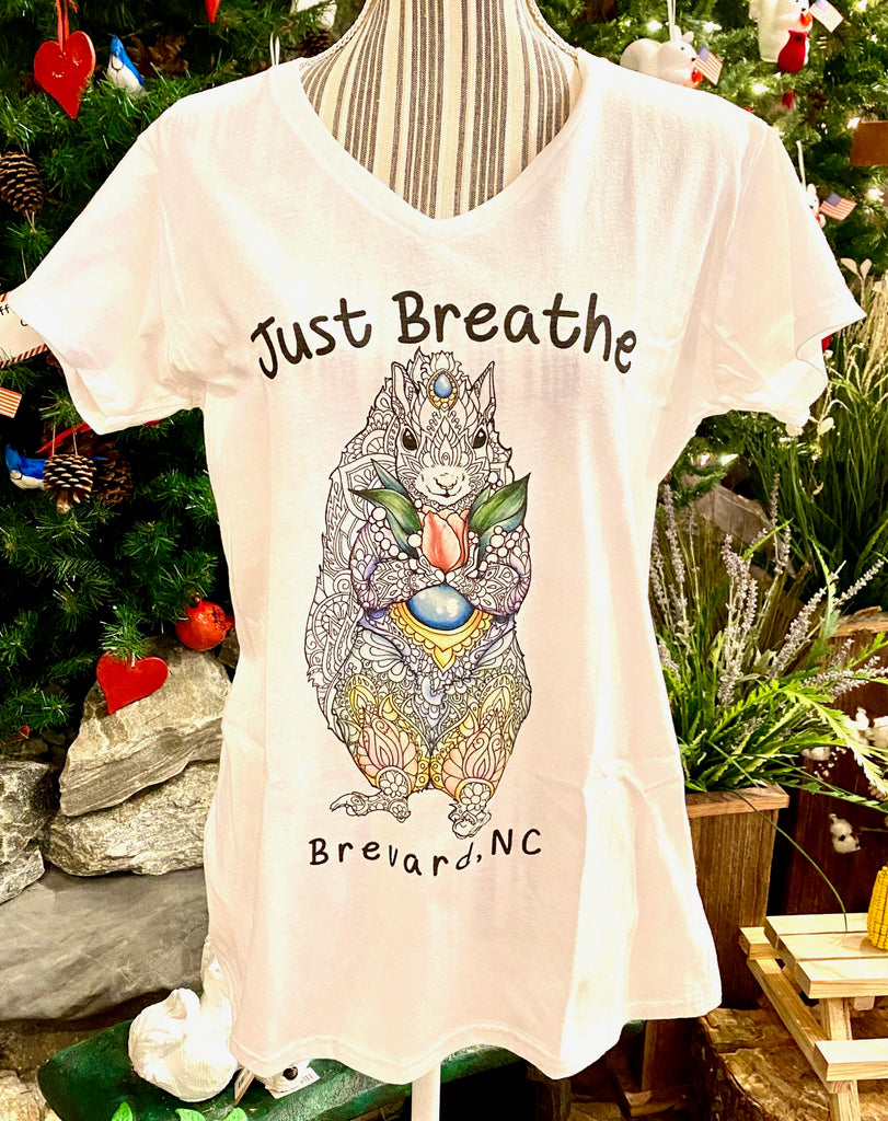 T-Shirt - For Ladies - White Squirrel Mandela Girl - "Just Breathe - Brevard, NC"