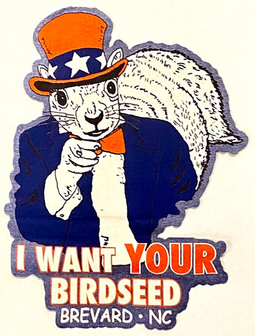 Decal - White Squirrel Uncle Sam with "I Want YOUR Birdseed"