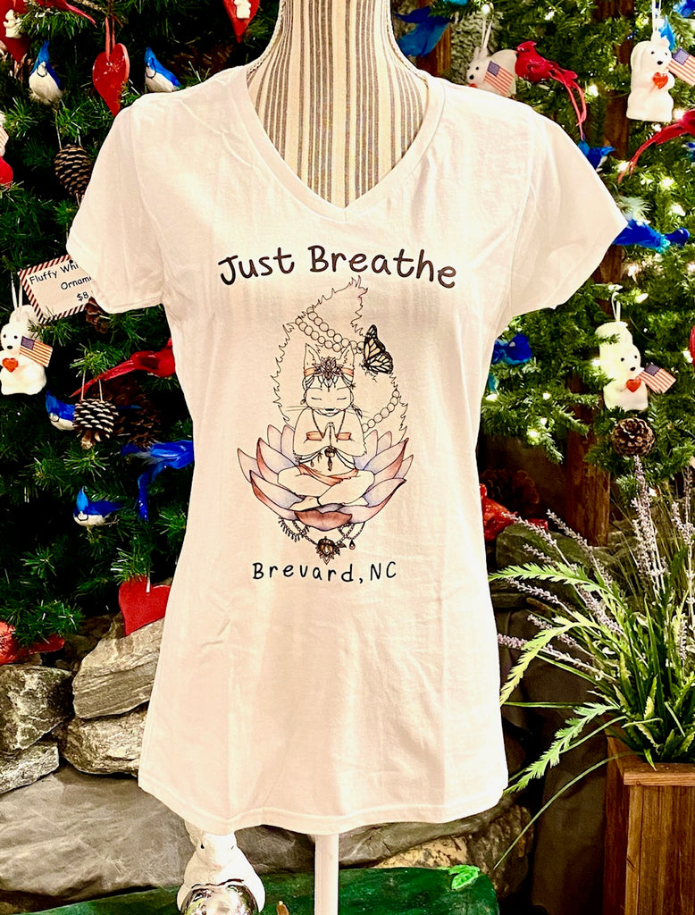 T-Shirt - For Adult Ladies - Yoga White Squirrel Girl - Short Sleeve V-Neck  Soft Style with Just Breathe