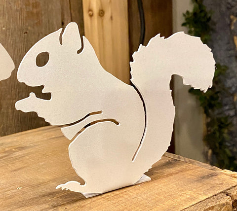 Metal Garden Art - White Squirrel Nibbling a Nut - Deck Screw-On 7" Wide x 5-1/2" Tall