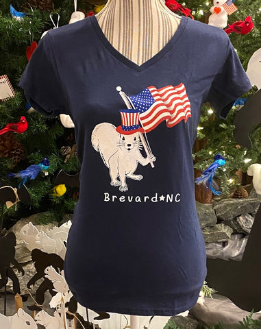 T-Shirt - For Adult Ladies - Navy Blue V-Neck with Patriotic White Squirrel