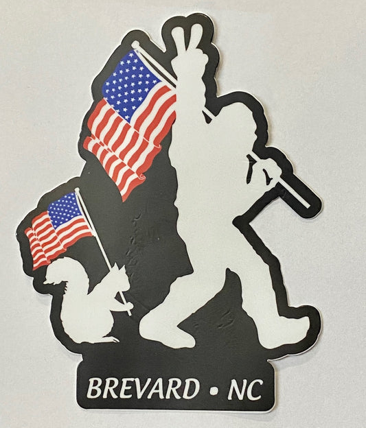 Decal/Sticker - White Squirrel & Sasquatch Holding American Flags with Peace Sign - Mini Die-Cut