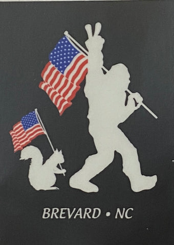 Decal/Sticker - White Squirrel & Sasquatch Holding American Flags with Peace Sign - Mini Rectangle