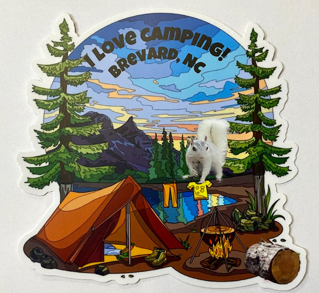 Decal - "I Love Camping, Brevard, NC" Die Cut Camping Scene with White Squirrfel