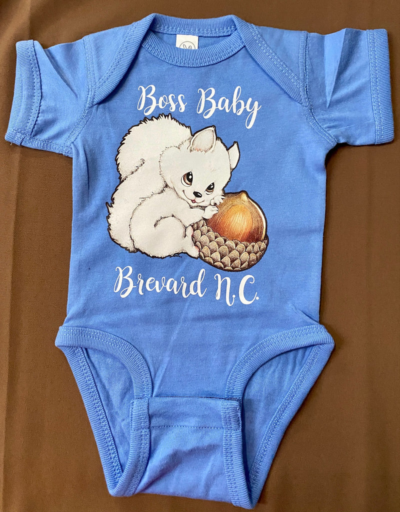 Onesie - White Squirrel Boss Baby Onesie in Carolina Blue by Designer Sally Martin