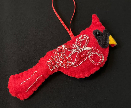 Ornament - Felt - Hand Crafted Cardinal Embellished with Beads and Sequins