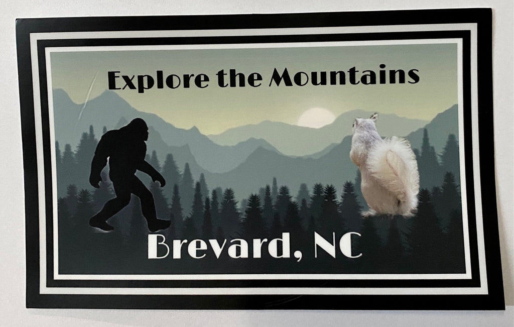 Bumper Sticker - White Squirrel & Sasquatch "Explore the Mountains, Brevard, NC"