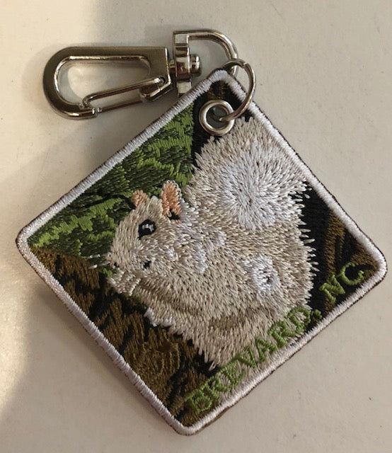 Embroidered key clip with a white squirrel and Brevard, NC in a forest green.