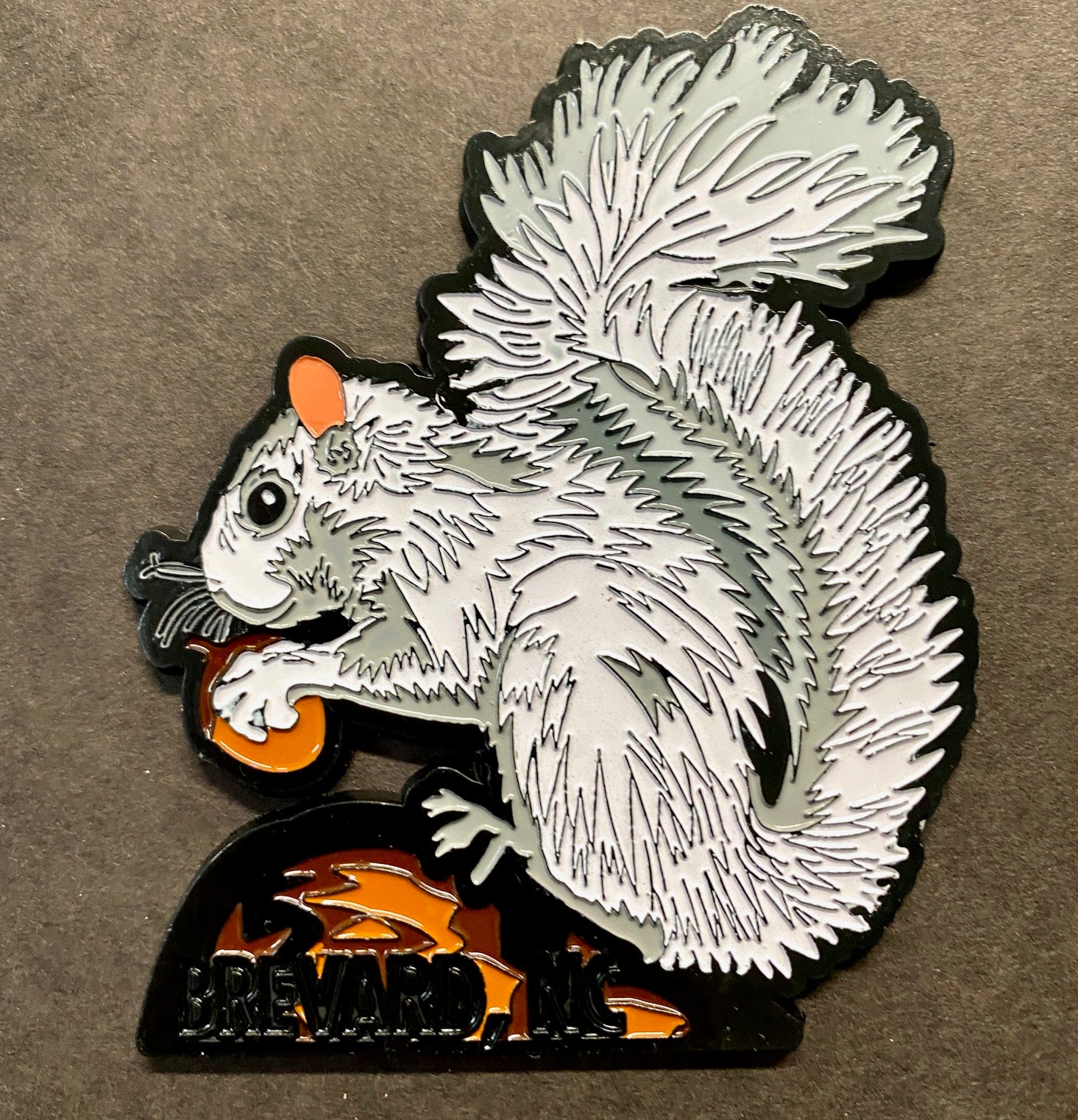 A metal magnet depicting a white squirrel on a log holding an acorn, with 'Brevard, NC' printed at the bottom.