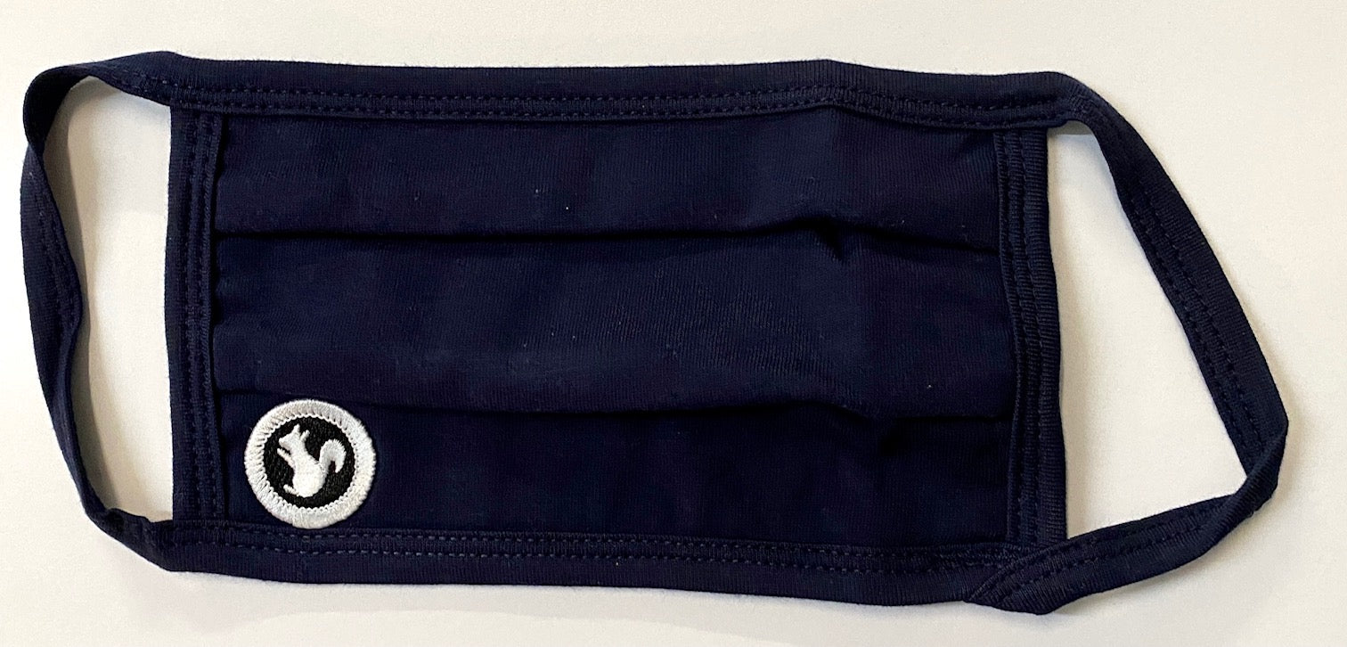 Pleated black face mask with embroidered white squirrel design on bottom.
