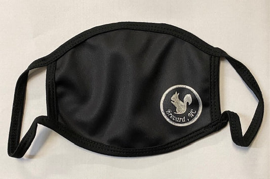 A black protective face mask with a screen-printed white squirrel logo on the front.