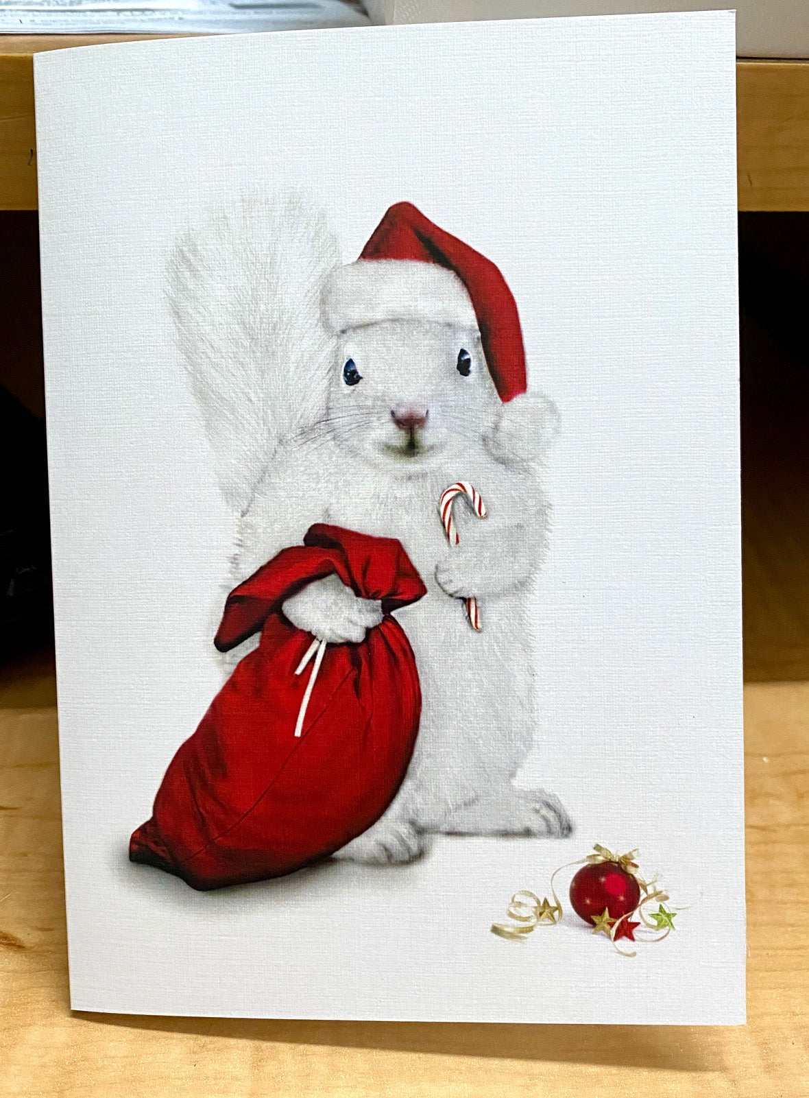 Holiday card with a white squirrel wearing a santa hat, carrying a santa bag.