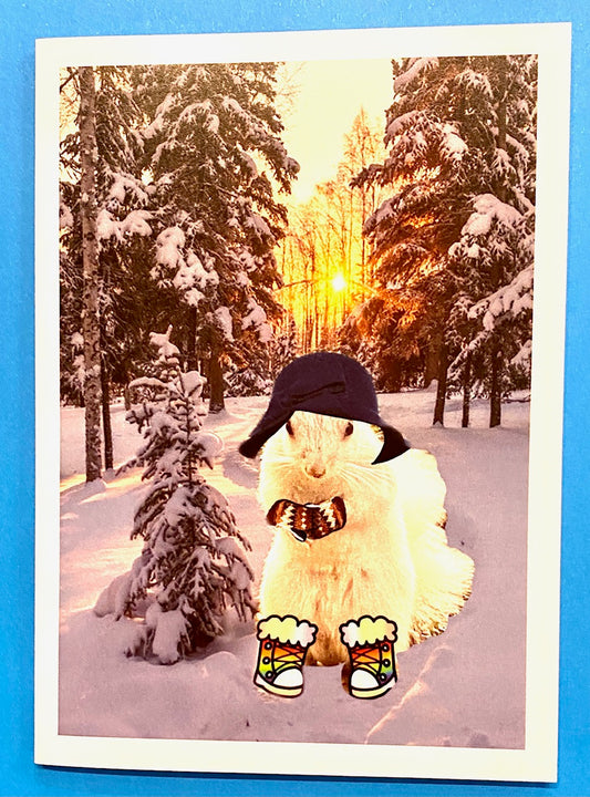 A Christmas card featuring a white squirrel design, with a forest background and the squirrel wearing a hat and boots in the foreground.