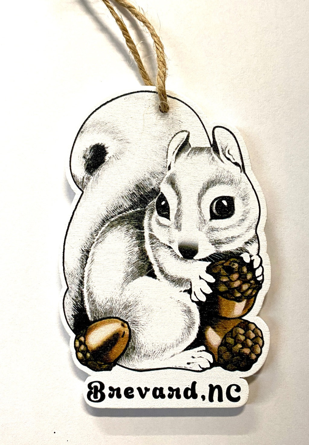 A laser cut wooden ornament in the shape of a cute white squirrel holding acorns, with the text 'Brevard, NC' on the bottom.