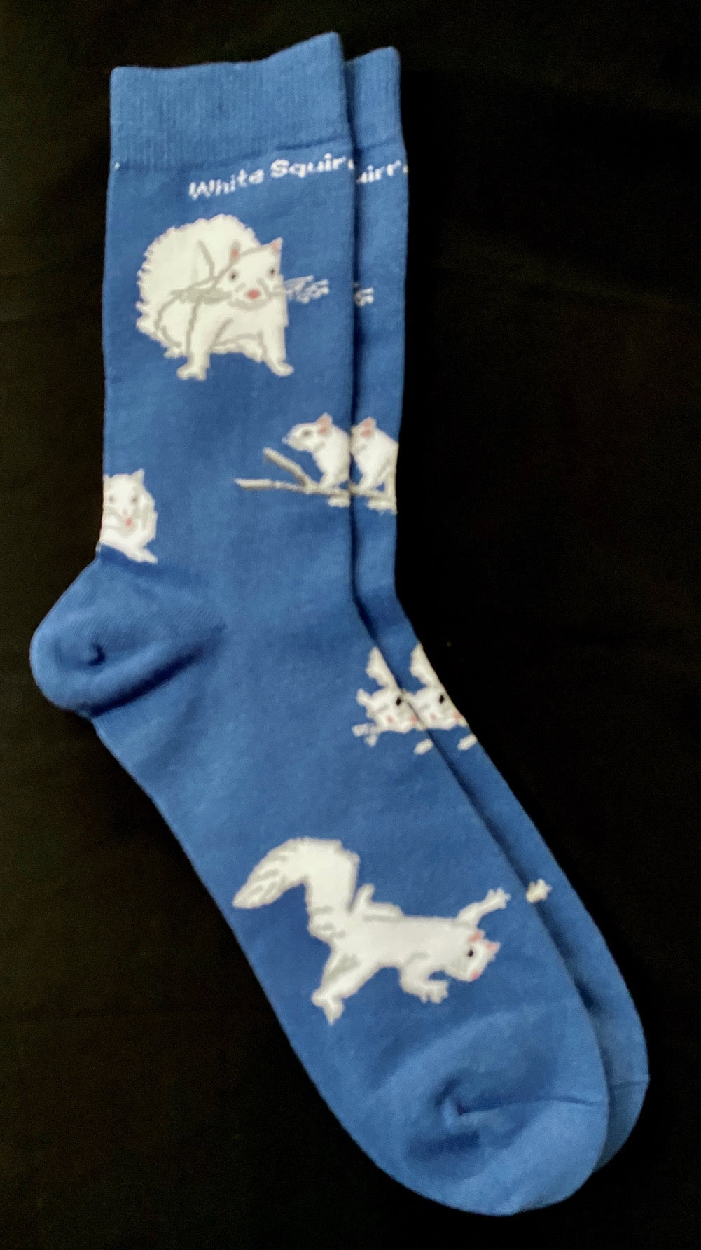 A pair of men's plus size blue socks with a white squirrel design.
