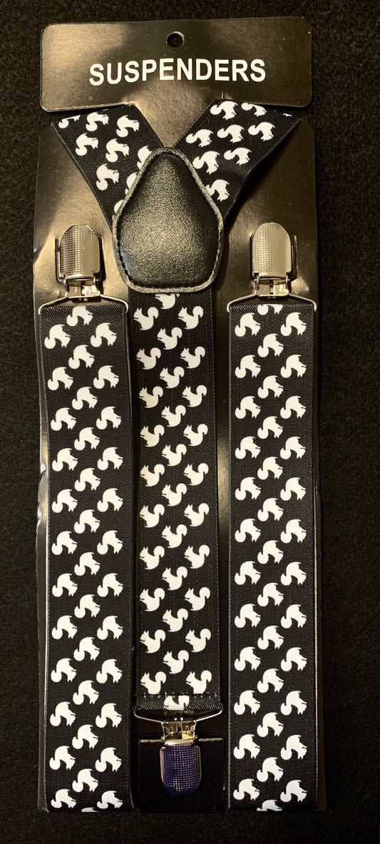 Black suspenders with a repeating white squirrel pattern.