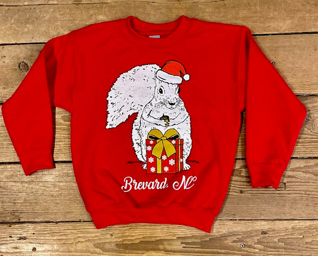 A Red Sweatshirt for youth with a Santa White Squirrel holding a gift and the words Brevard, NC underneath