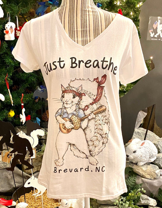 T_Shirt_Adult_Women_s_V_Neck_with_graphic_of_a_Willie_Nelson_white_squirrel_playing_an_acorn_guitar_Just_Breathe_Brevard_NC