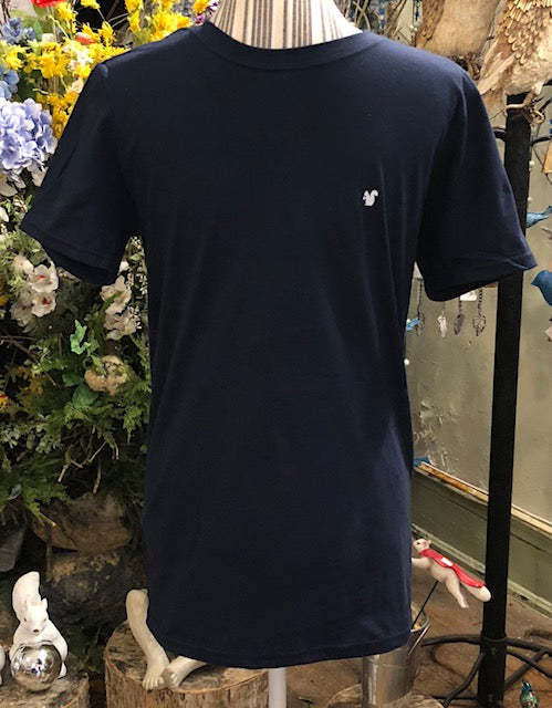 A navy blue short-sleeve crew neck t-shirt with a small white squirrel logo on the left chest area, displayed on a mannequin.