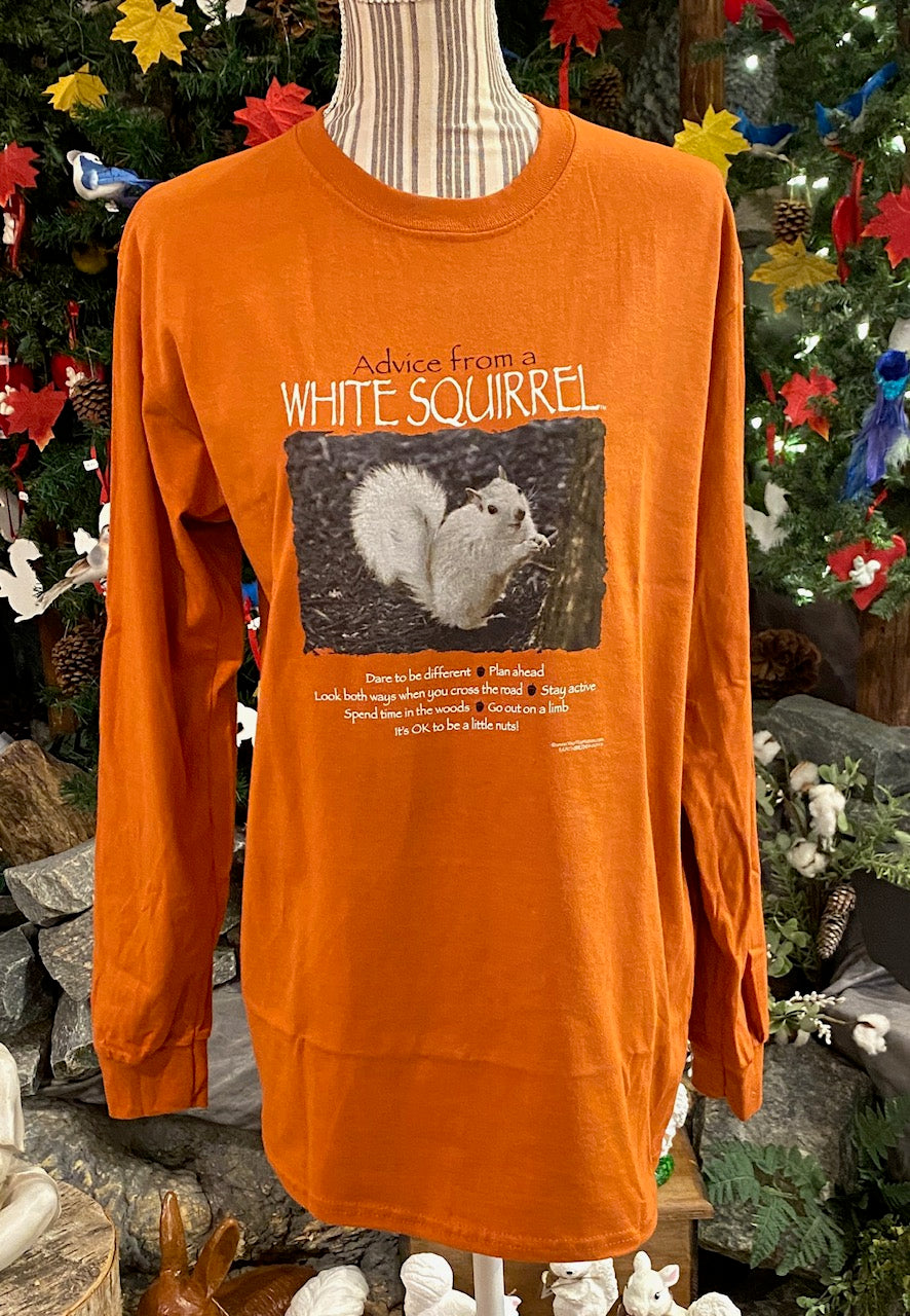 Long sleeve crew neck orange t-shirt with text and image of a white squirrel on the front.