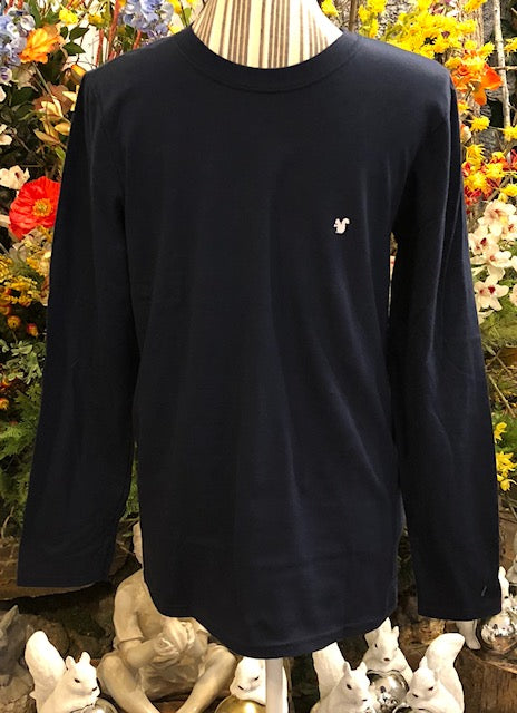 A navy long-sleeve t-shirt displayed on a mannequin, featuring a small white squirrel logo on the left chest area.