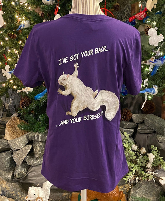 T_shirt_v_neck_deep_purple_t_shirt_with_I_ve_got_your_back...and_your_birdseed