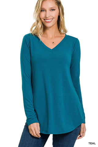 Clothing - Ladies Ultra-Soft V-Neck Long Sleeve Top with Rounded Hem