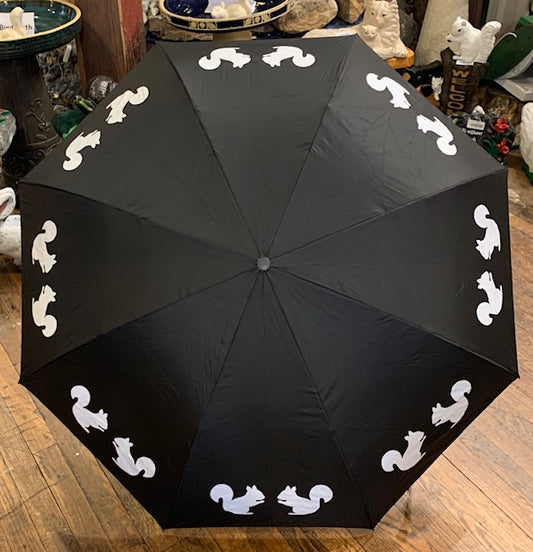 A black umbrella with white squirrel pattern, displayed open.