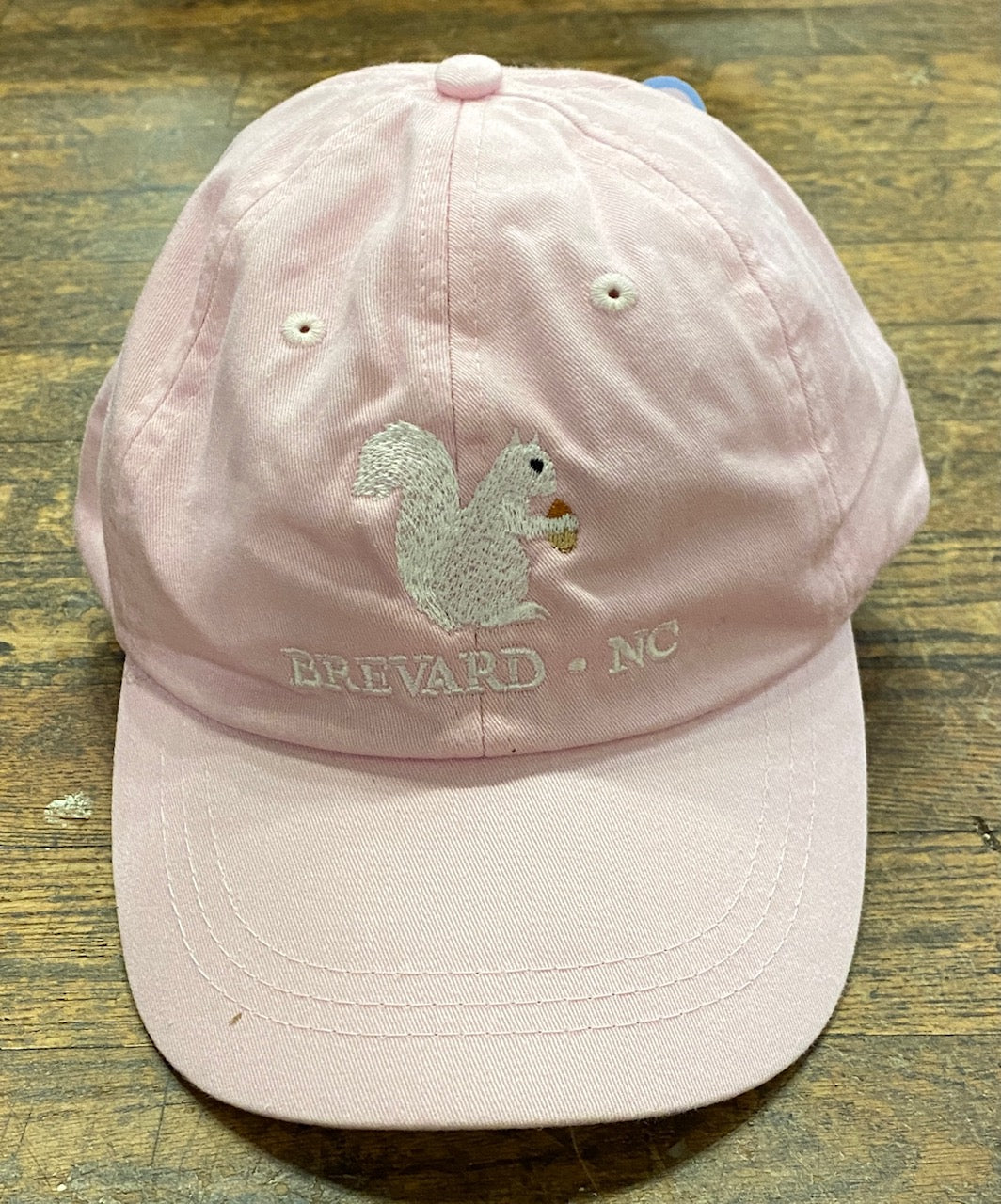 White Squirrel embroidered baseball cap from Brevard NC in baby pink color