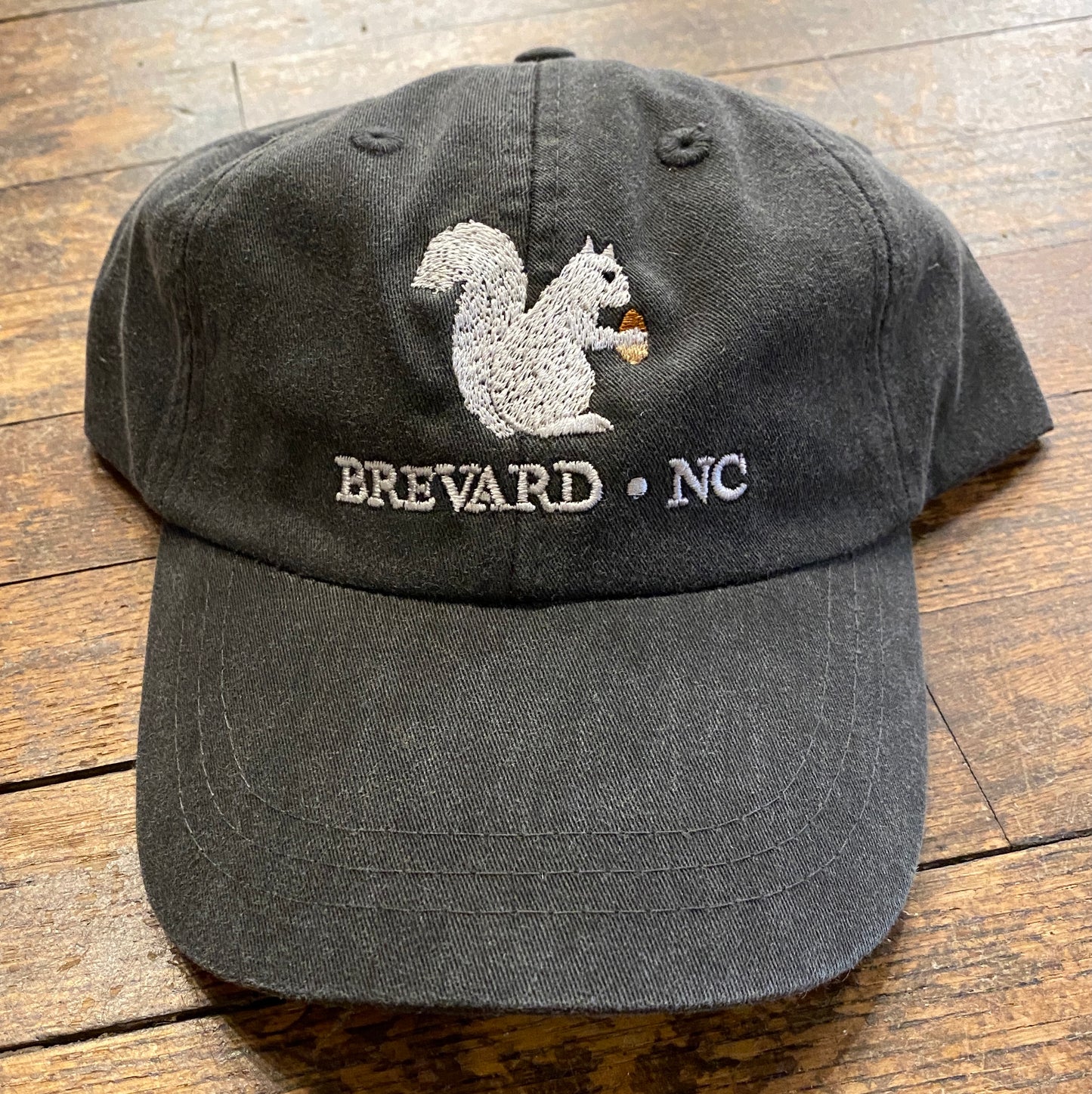 White Squirrel embroidered baseball cap from Brevard NC in charcoal grey color
