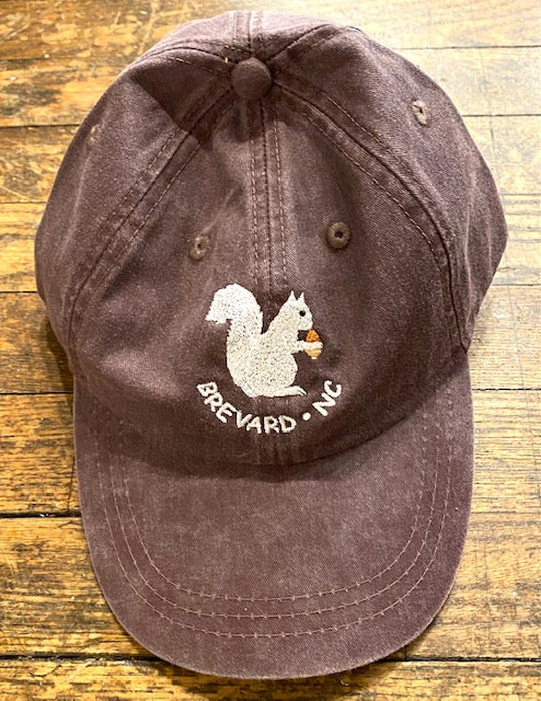 White Squirrel embroidered baseball cap from Brevard NC in espresso brown color
