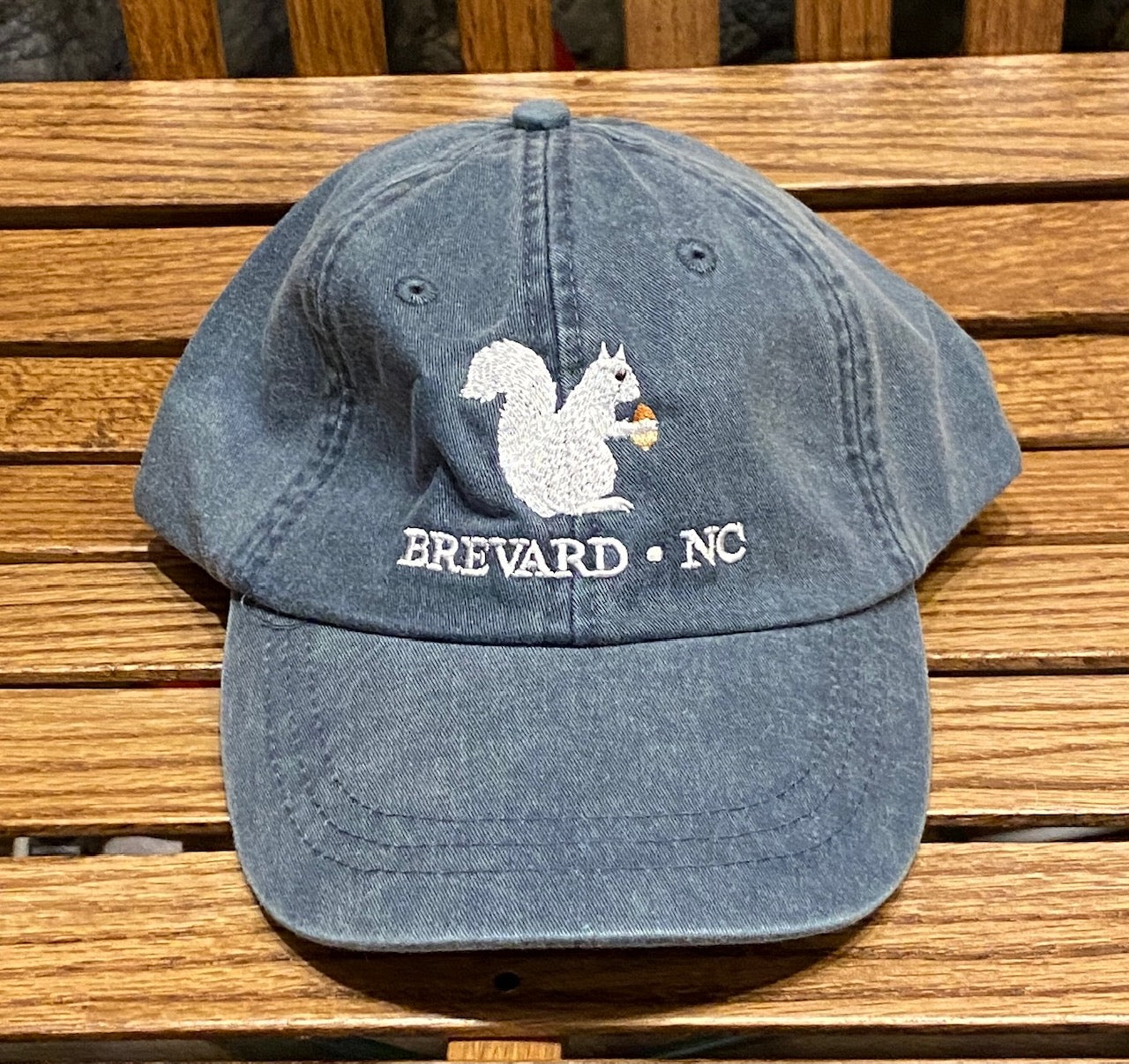 White Squirrel embroidered baseball cap from Brevard NC in navy blue color