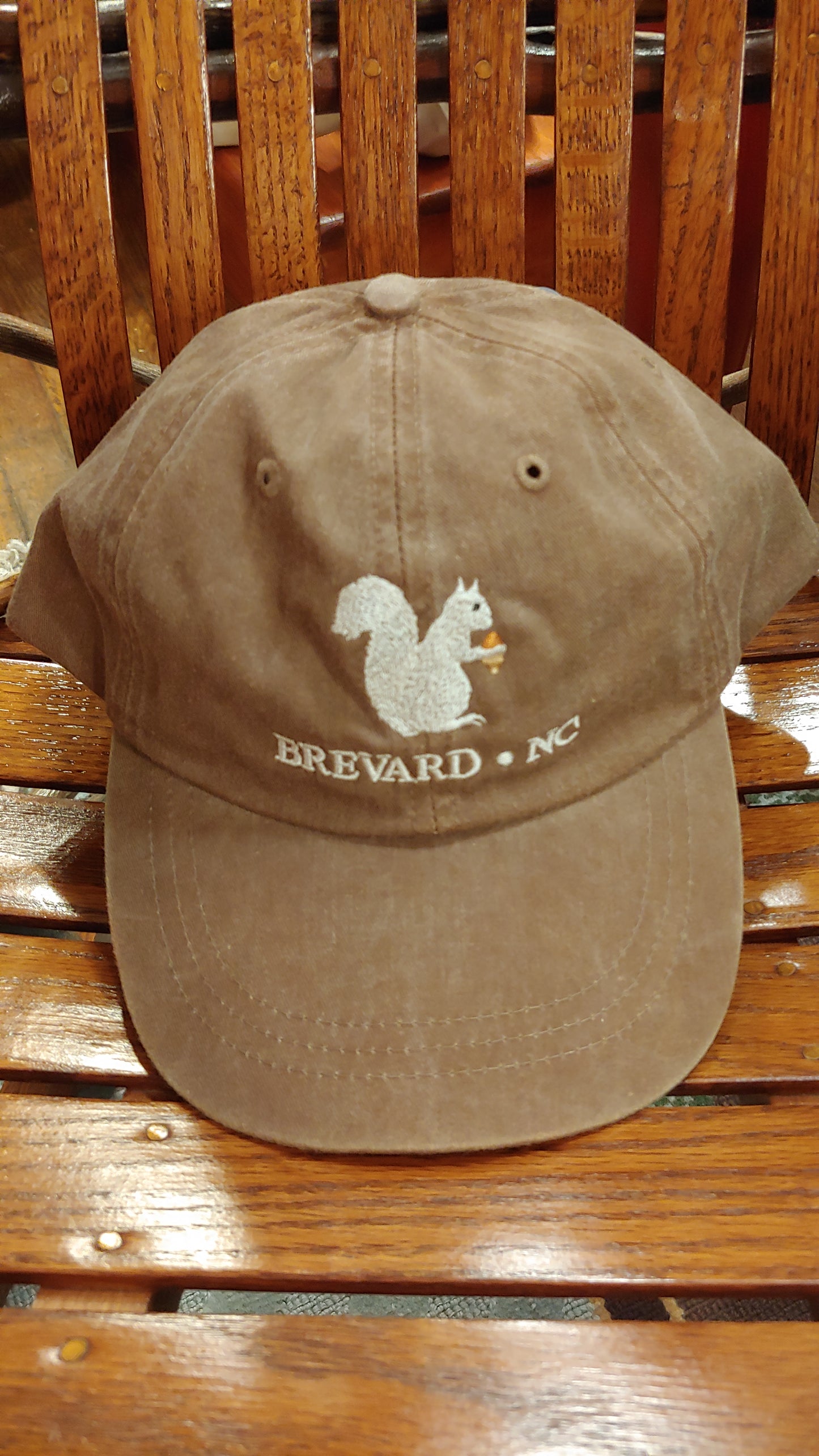 White Squirrel embroidered baseball cap from Brevard NC in stone  color